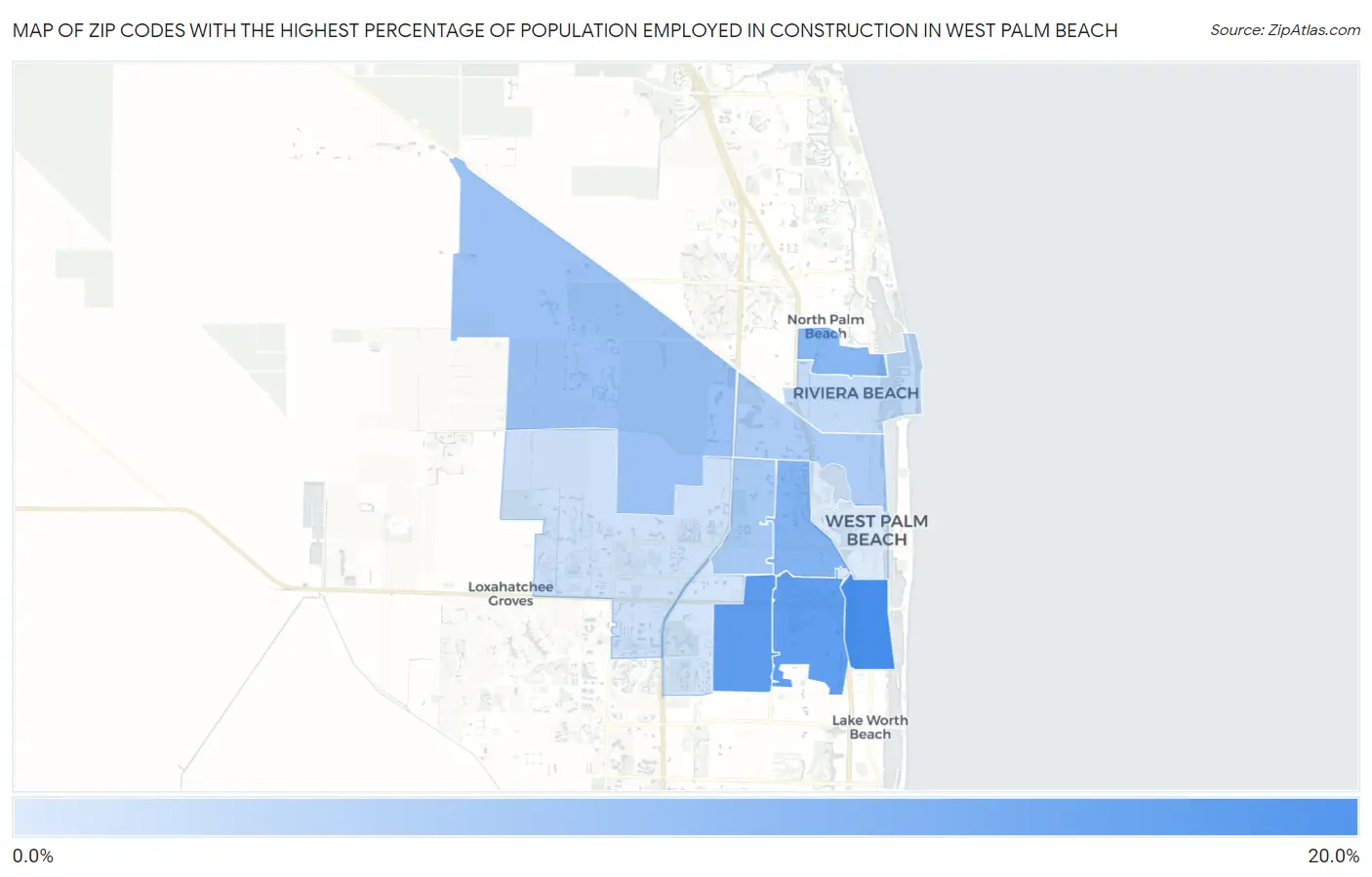 Zip Codes with the Highest Percentage of Population Employed in Construction in West Palm Beach Map