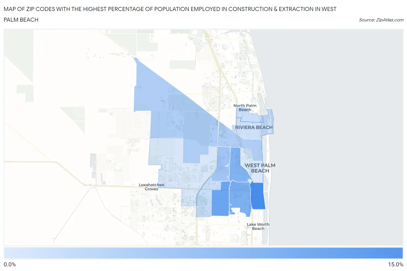 Zip Codes with the Highest Percentage of Population Employed in Construction & Extraction in West Palm Beach Map