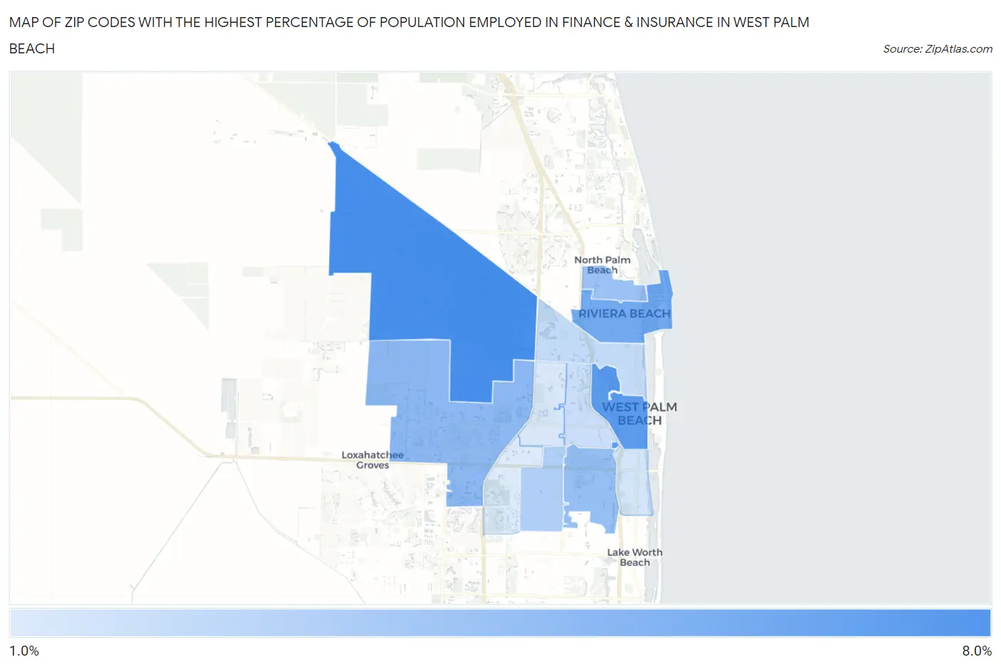 Zip Codes with the Highest Percentage of Population Employed in Finance & Insurance in West Palm Beach Map