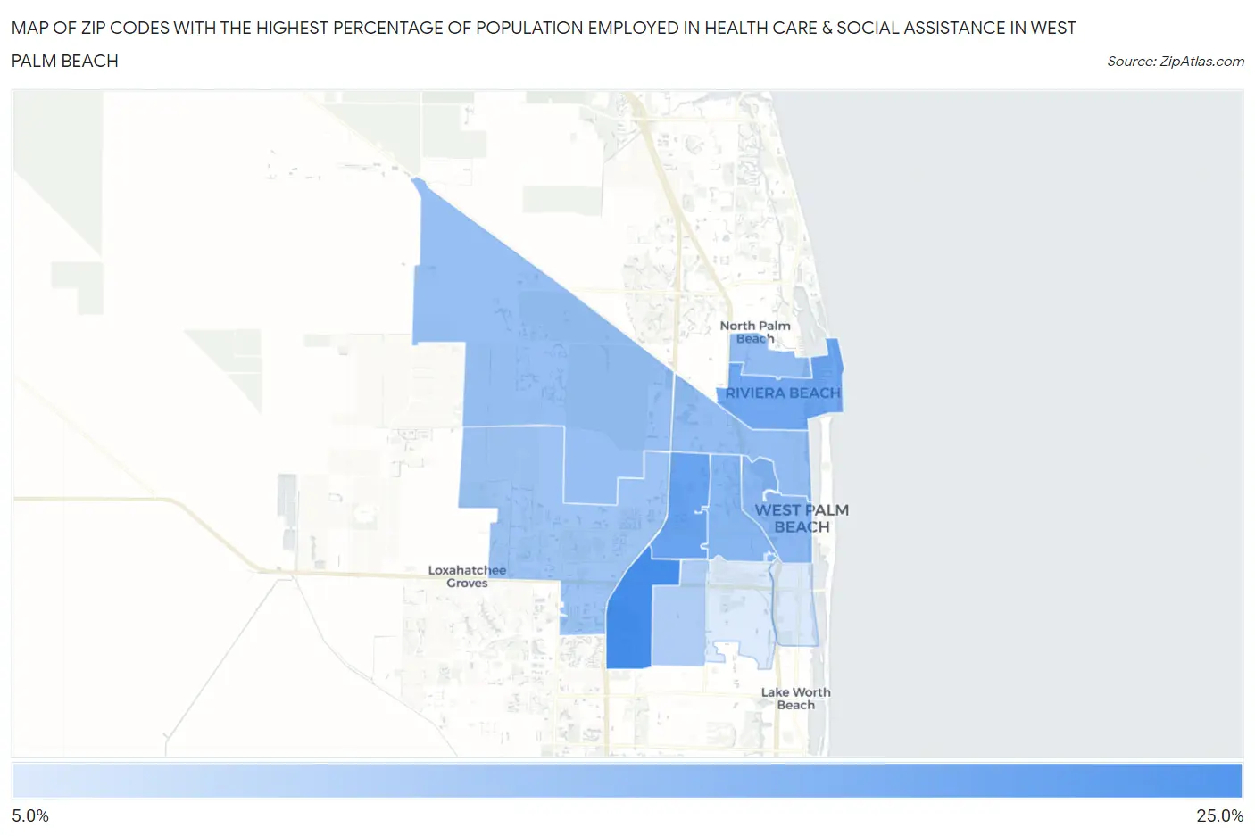 Zip Codes with the Highest Percentage of Population Employed in Health Care & Social Assistance in West Palm Beach Map