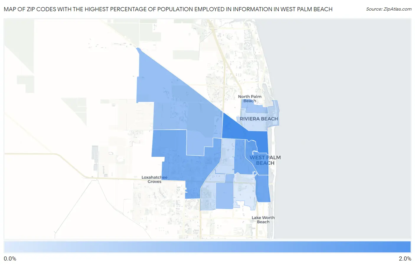 Zip Codes with the Highest Percentage of Population Employed in Information in West Palm Beach Map