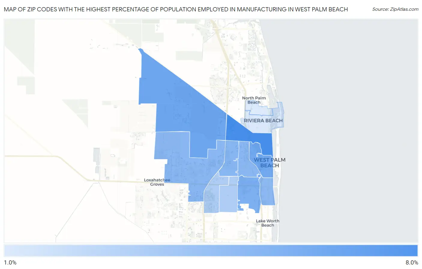 Zip Codes with the Highest Percentage of Population Employed in Manufacturing in West Palm Beach Map