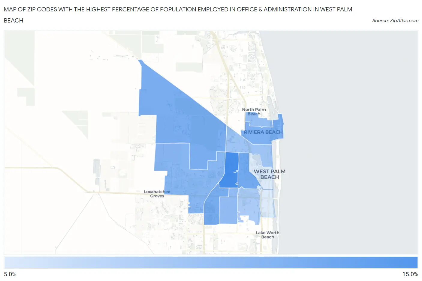 Zip Codes with the Highest Percentage of Population Employed in Office & Administration in West Palm Beach Map