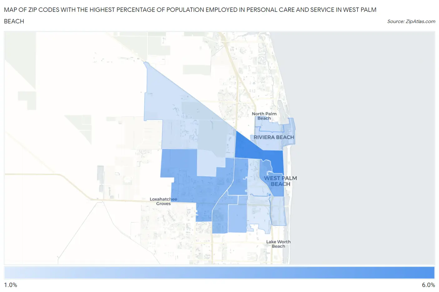 Zip Codes with the Highest Percentage of Population Employed in Personal Care and Service in West Palm Beach Map