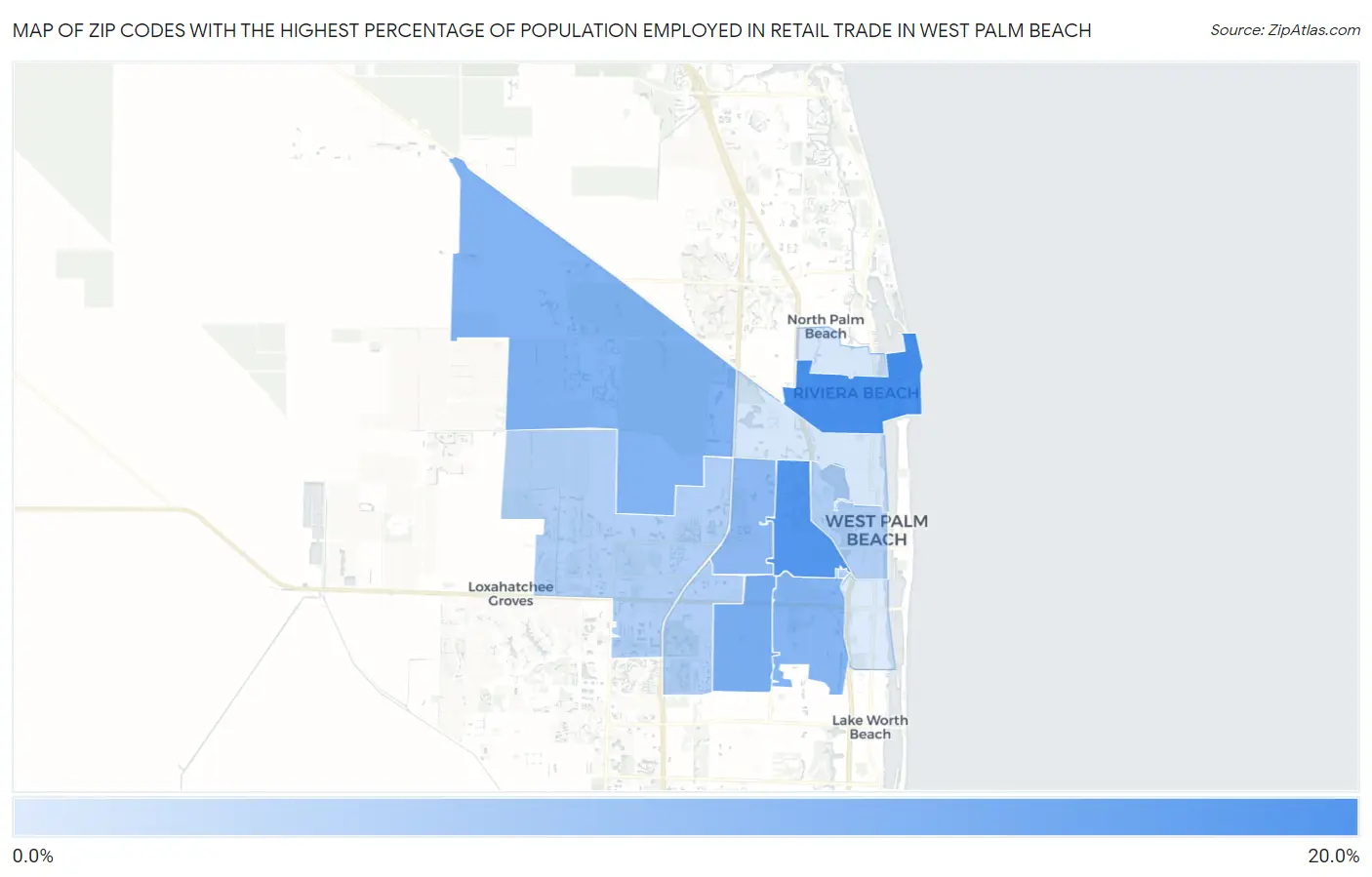 Zip Codes with the Highest Percentage of Population Employed in Retail Trade in West Palm Beach Map