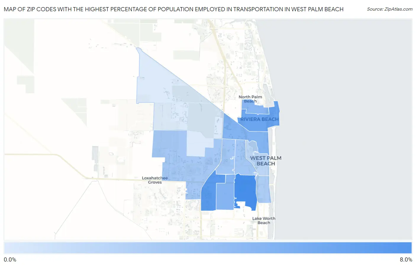 Zip Codes with the Highest Percentage of Population Employed in Transportation in West Palm Beach Map