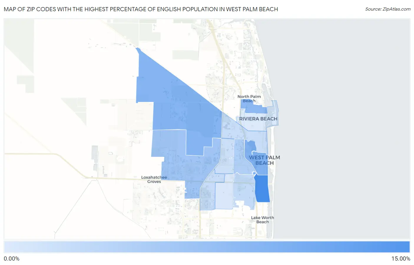 Zip Codes with the Highest Percentage of English Population in West Palm Beach Map