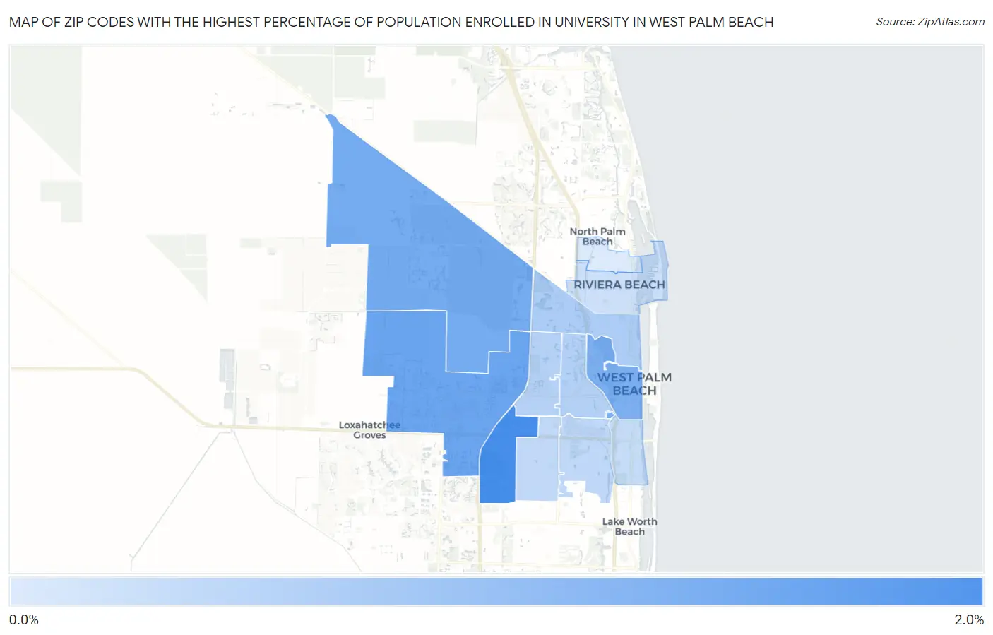 Zip Codes with the Highest Percentage of Population Enrolled in University in West Palm Beach Map
