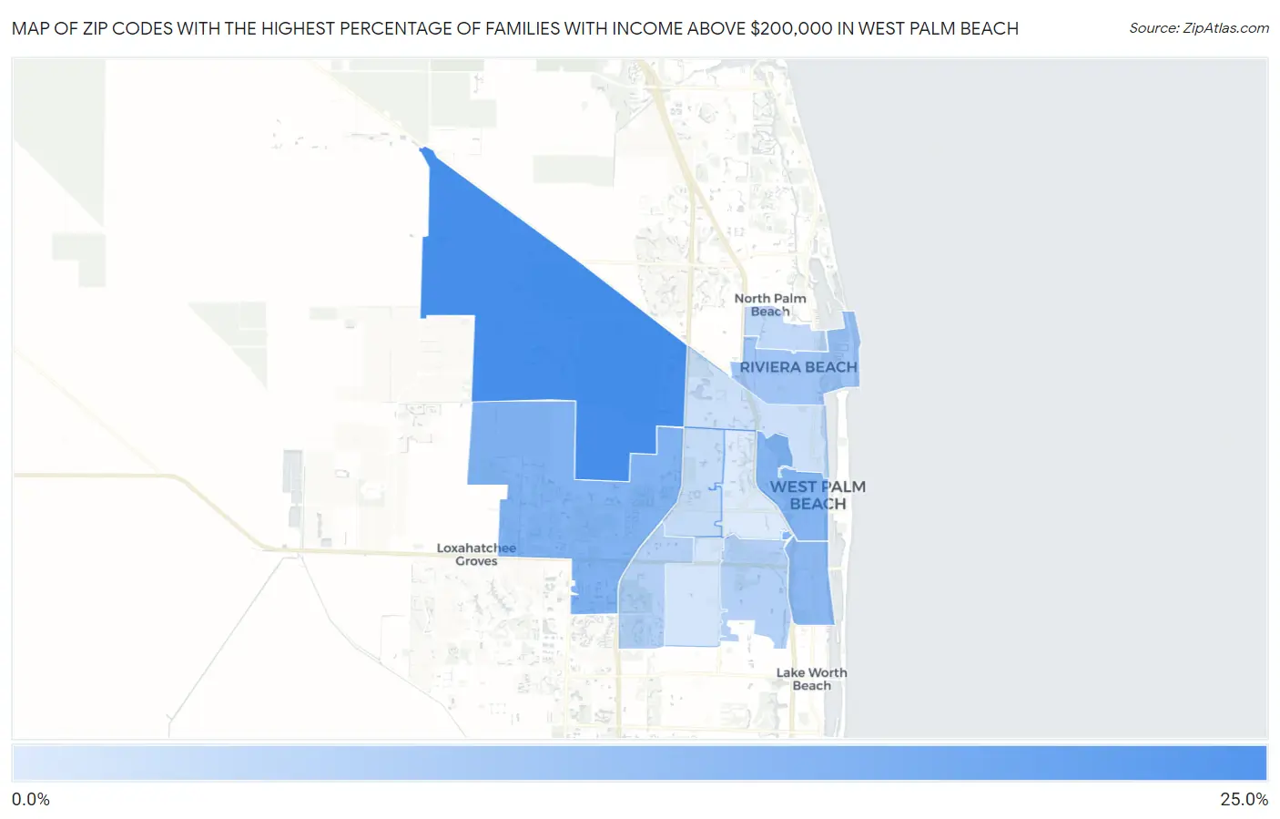 Zip Codes with the Highest Percentage of Families with Income Above $200,000 in West Palm Beach Map