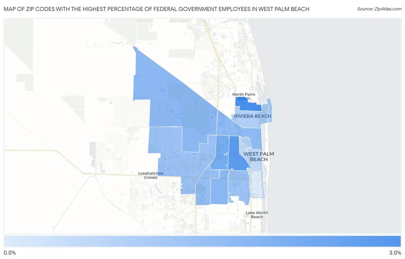 Zip Codes with the Highest Percentage of Federal Government Employees in West Palm Beach Map