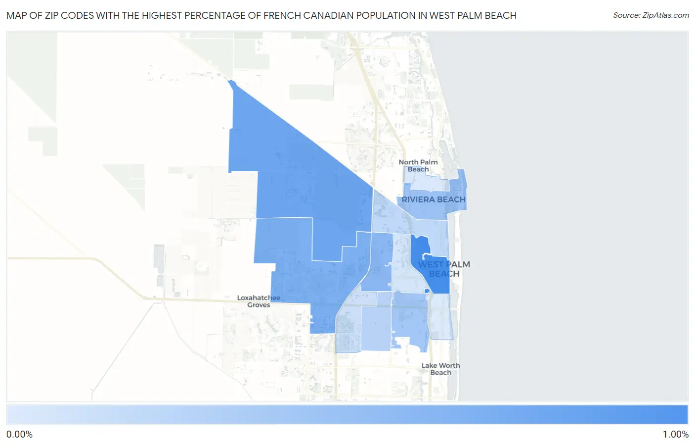 Zip Codes with the Highest Percentage of French Canadian Population in West Palm Beach Map