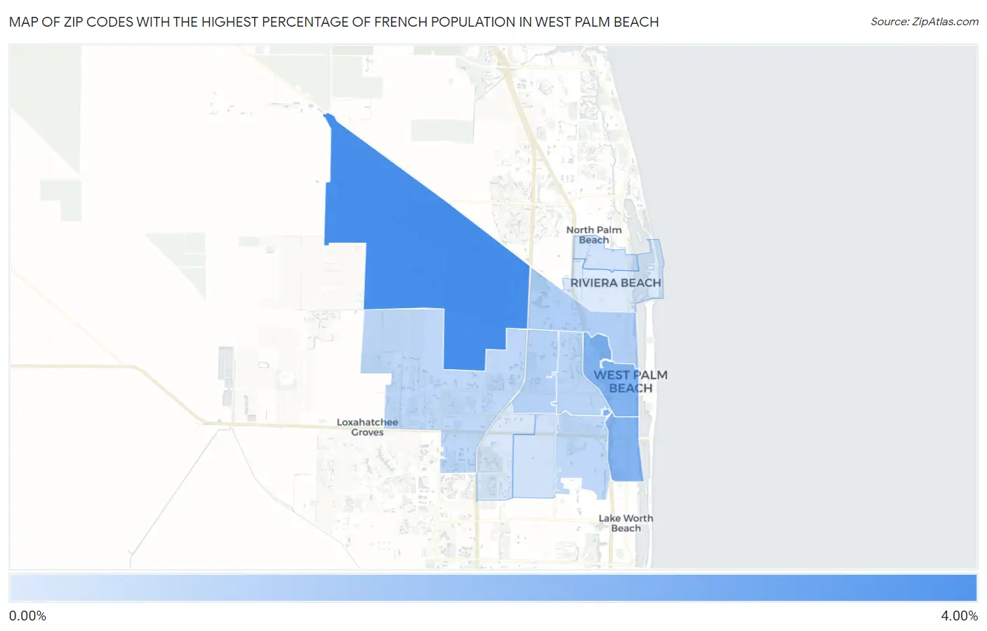 Zip Codes with the Highest Percentage of French Population in West Palm Beach Map