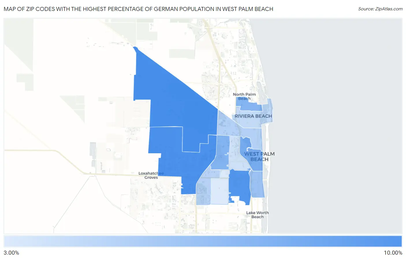 Zip Codes with the Highest Percentage of German Population in West Palm Beach Map