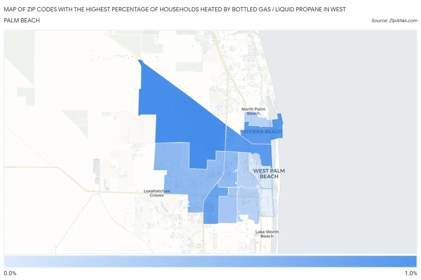 Zip Codes with the Highest Percentage of Households Heated by Bottled Gas / Liquid Propane in West Palm Beach Map