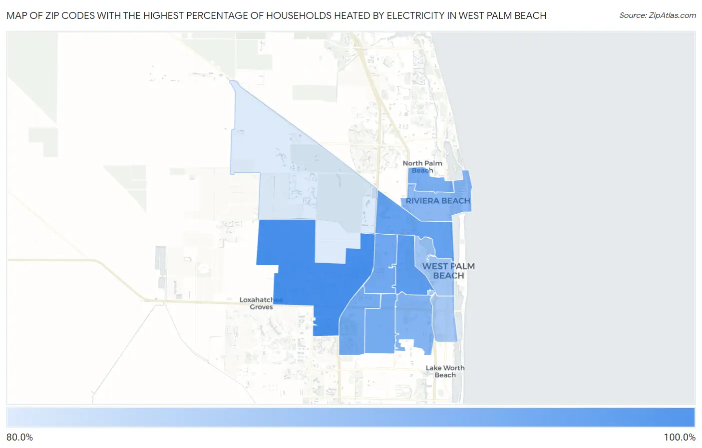 Zip Codes with the Highest Percentage of Households Heated by Electricity in West Palm Beach Map