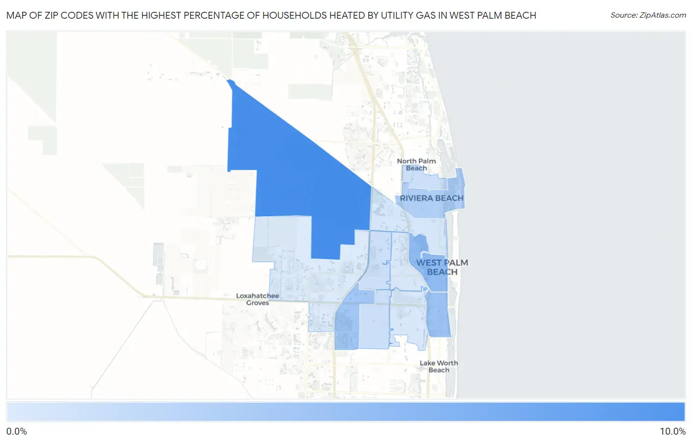 Zip Codes with the Highest Percentage of Households Heated by Utility Gas in West Palm Beach Map