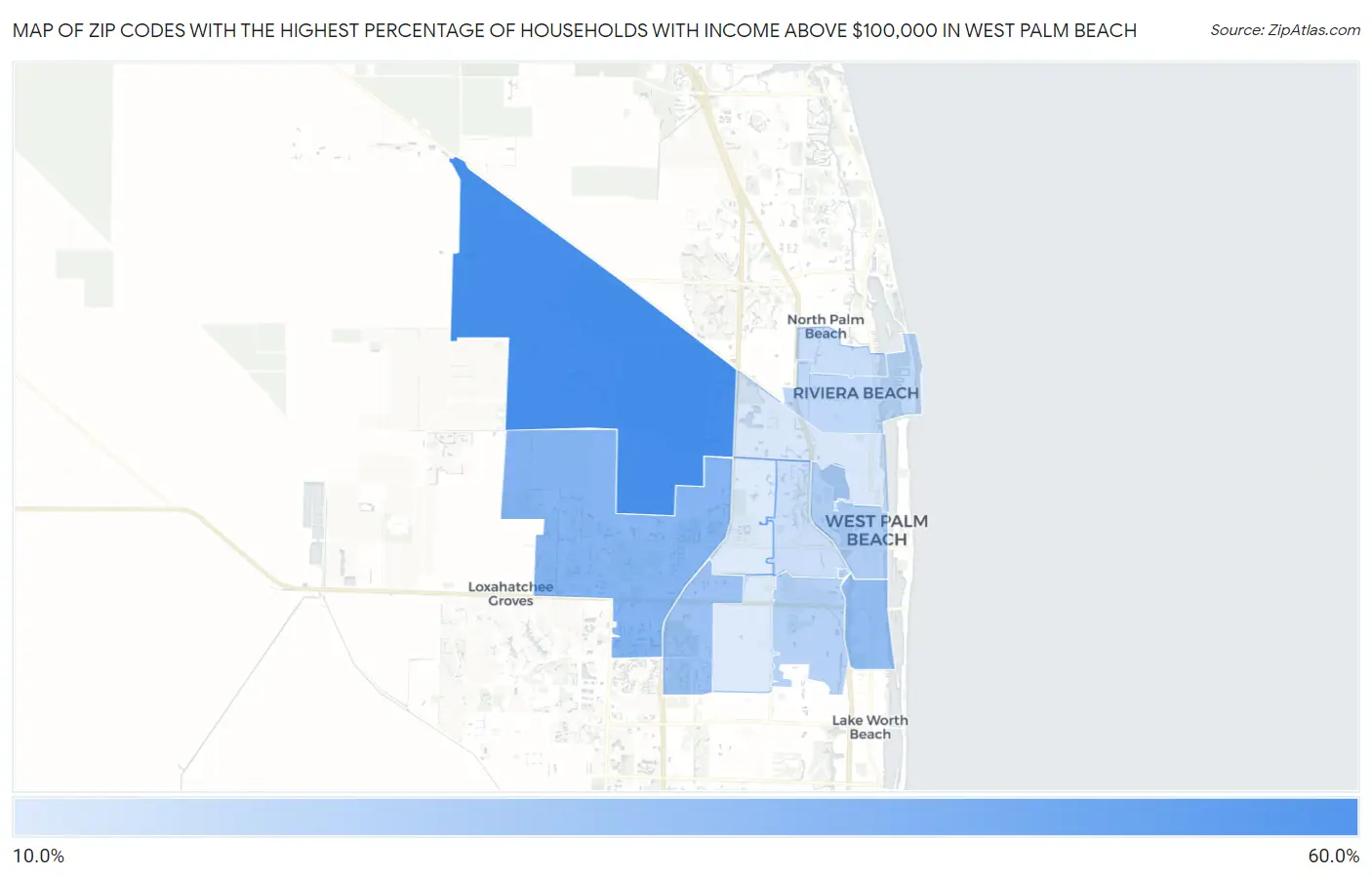 Zip Codes with the Highest Percentage of Households with Income Above $100,000 in West Palm Beach Map