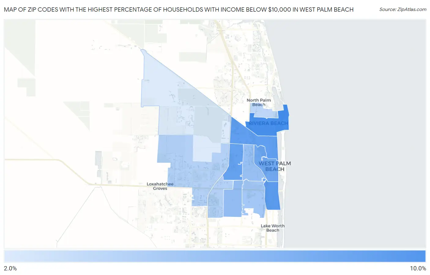 Zip Codes with the Highest Percentage of Households with Income Below $10,000 in West Palm Beach Map