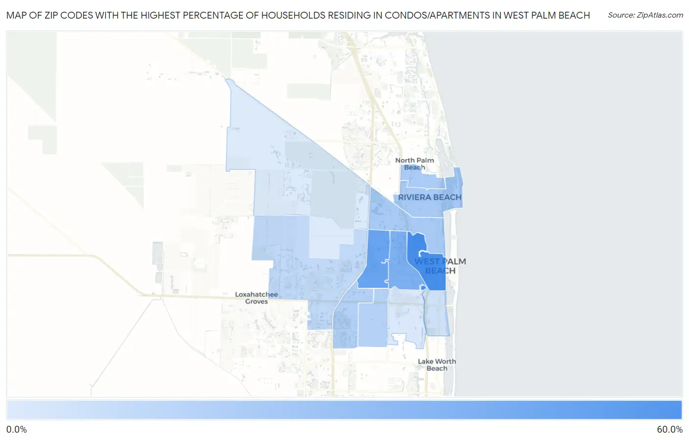 Zip Codes with the Highest Percentage of Households Residing in Condos/Apartments in West Palm Beach Map