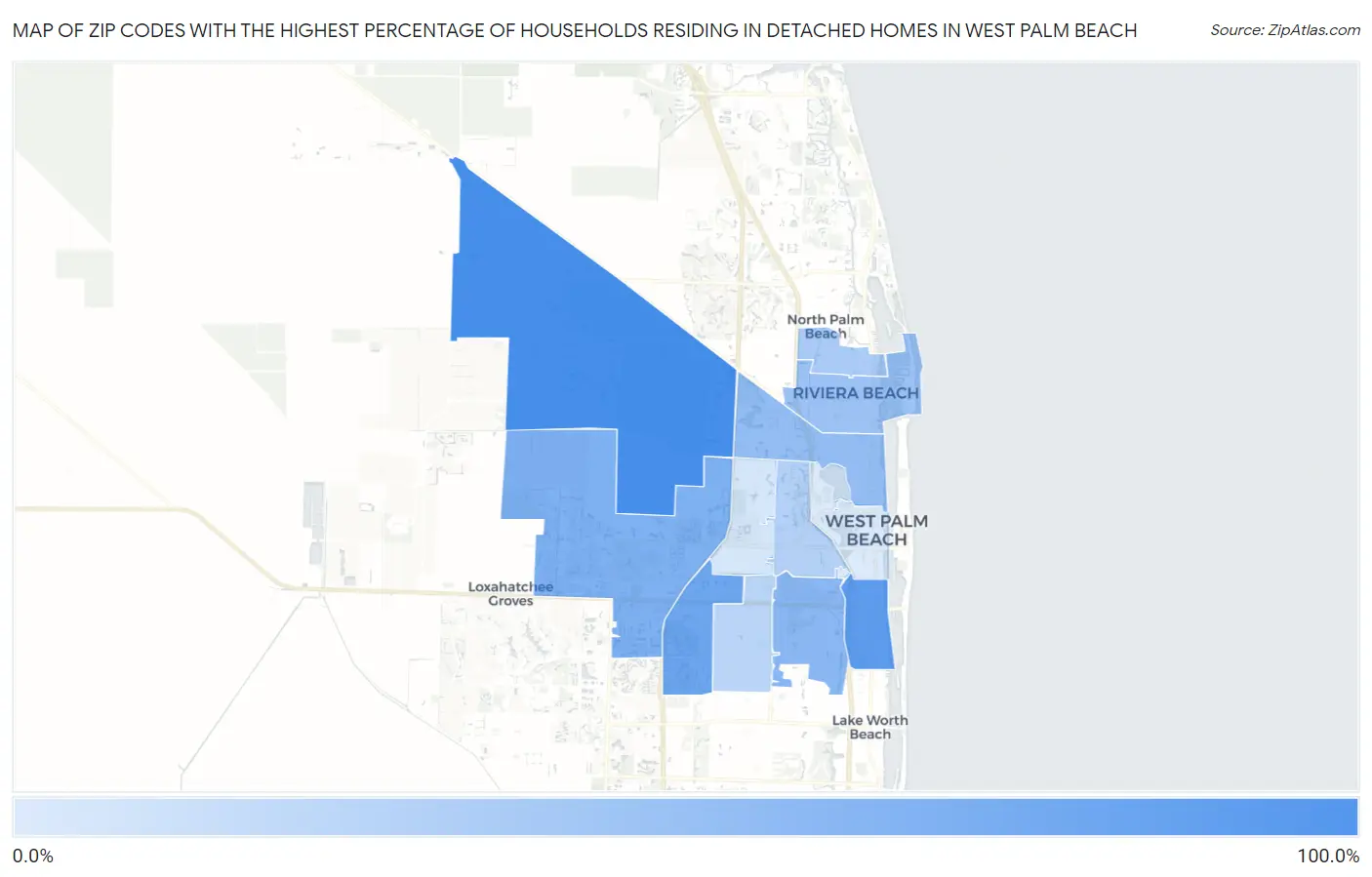 Zip Codes with the Highest Percentage of Households Residing in Detached Homes in West Palm Beach Map