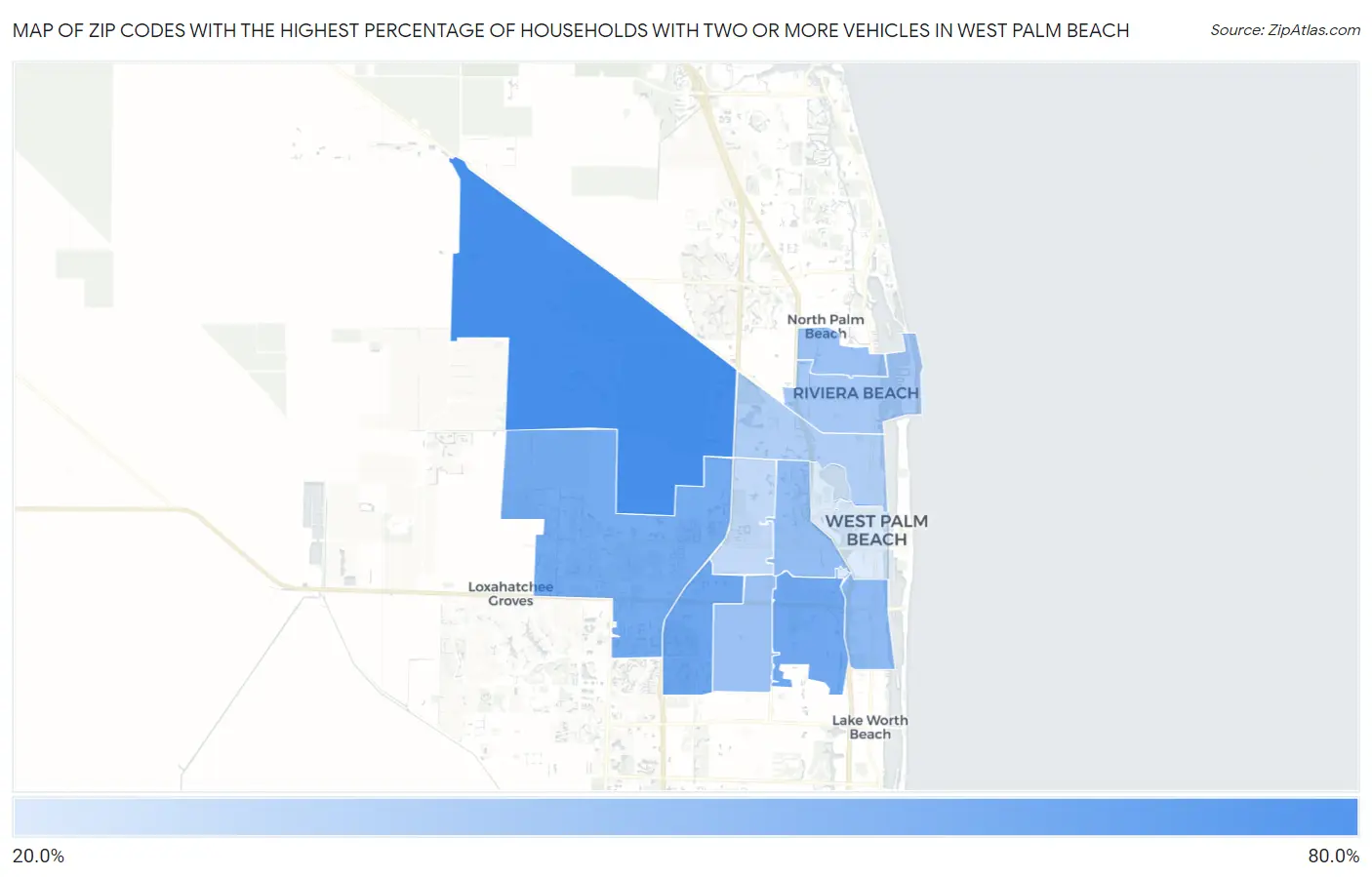 Zip Codes with the Highest Percentage of Households With Two or more Vehicles in West Palm Beach Map