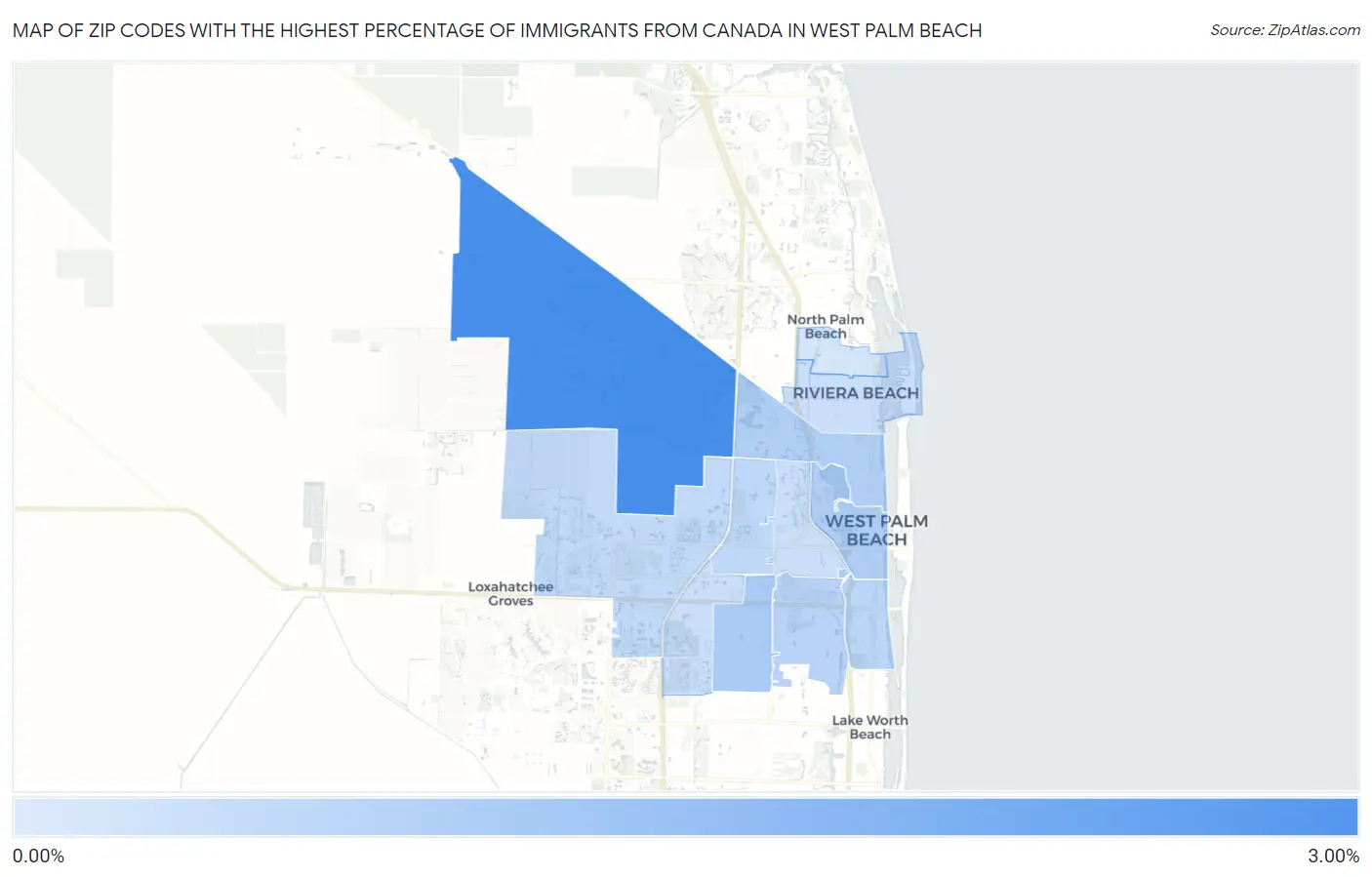 Zip Codes with the Highest Percentage of Immigrants from Canada in West Palm Beach Map
