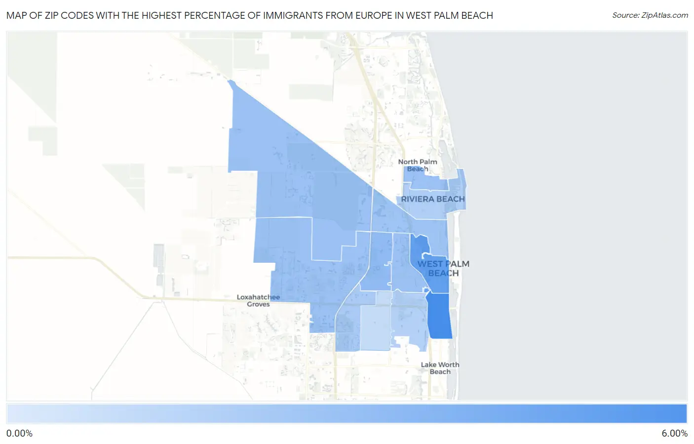 Zip Codes with the Highest Percentage of Immigrants from Europe in West Palm Beach Map
