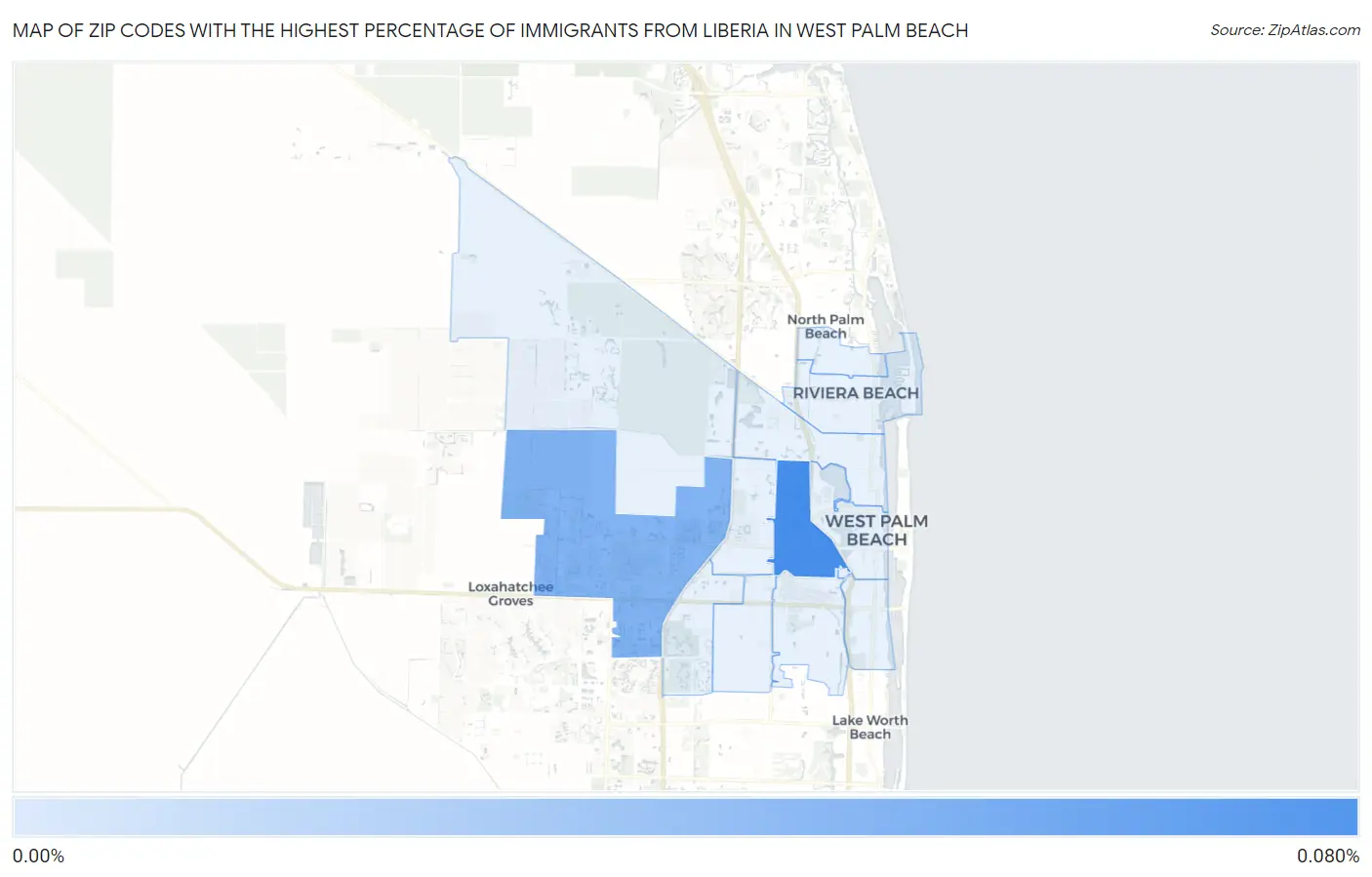 Zip Codes with the Highest Percentage of Immigrants from Liberia in West Palm Beach Map