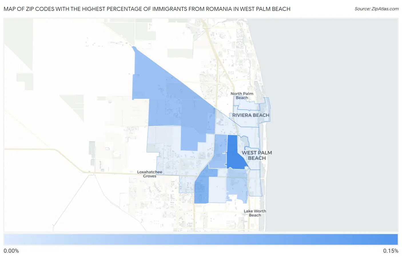 Zip Codes with the Highest Percentage of Immigrants from Romania in West Palm Beach Map
