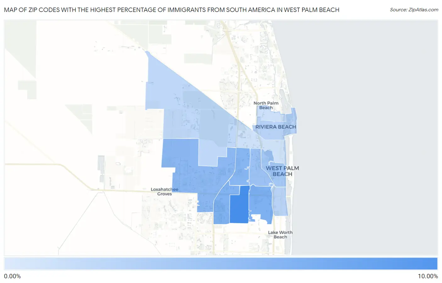 Zip Codes with the Highest Percentage of Immigrants from South America in West Palm Beach Map
