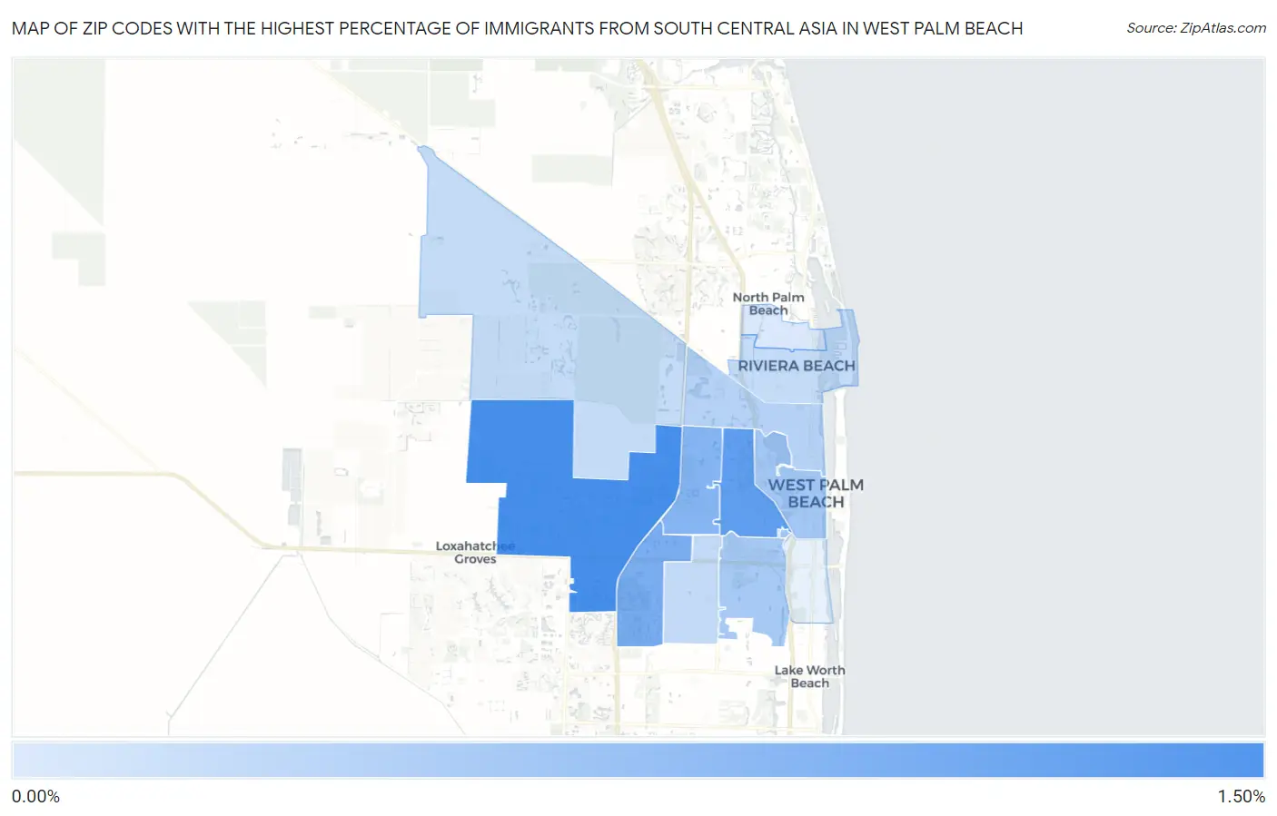 Zip Codes with the Highest Percentage of Immigrants from South Central Asia in West Palm Beach Map