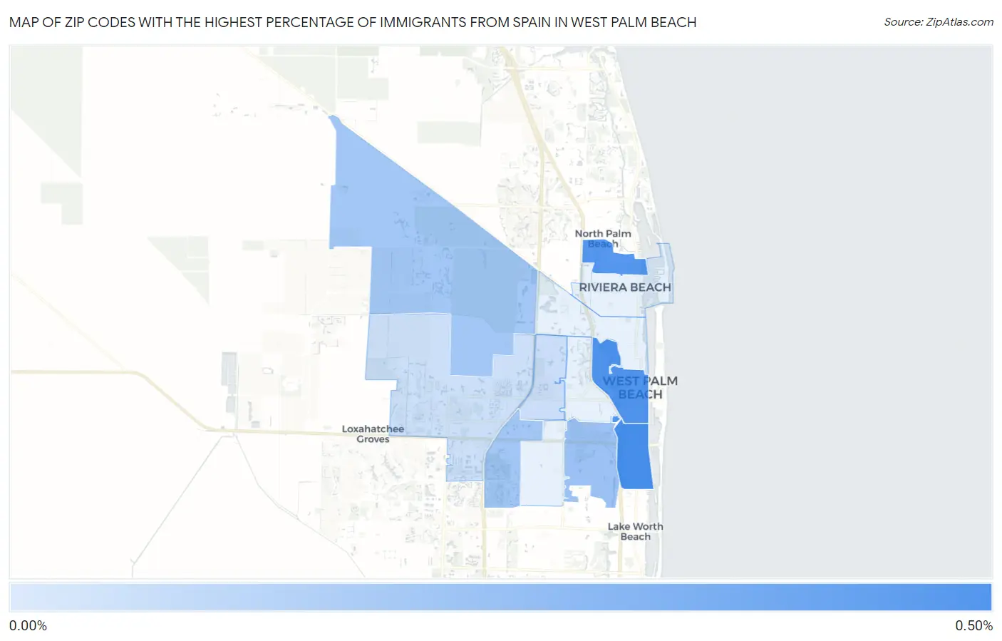 Zip Codes with the Highest Percentage of Immigrants from Spain in West Palm Beach Map