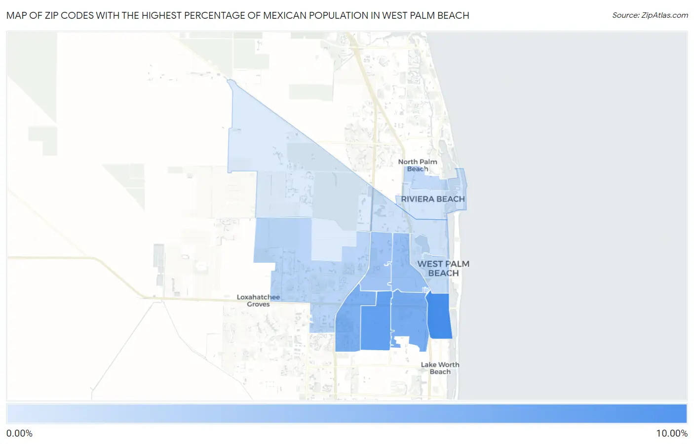 Zip Codes with the Highest Percentage of Mexican Population in West Palm Beach Map