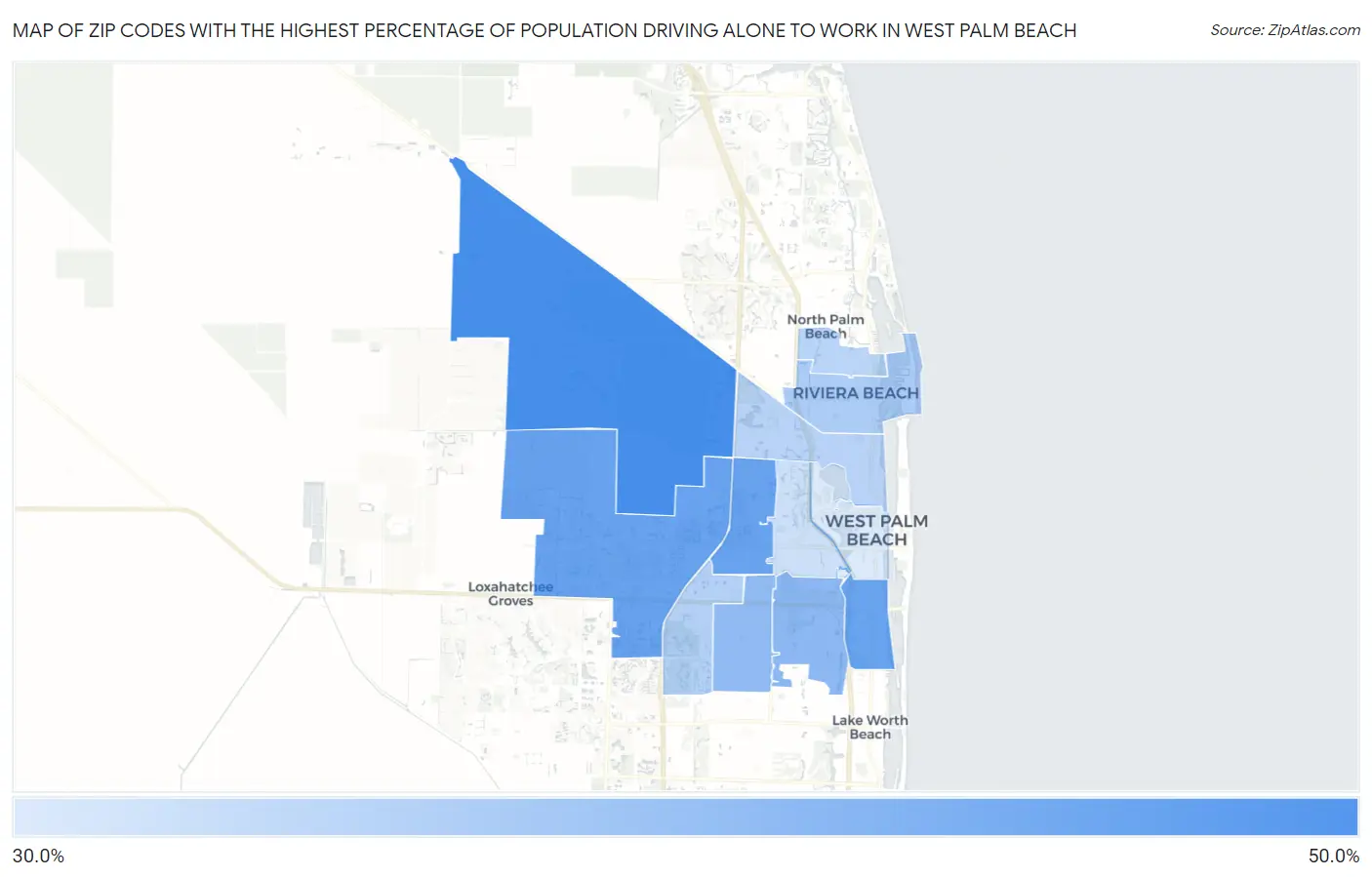 Zip Codes with the Highest Percentage of Population Driving Alone to Work in West Palm Beach Map