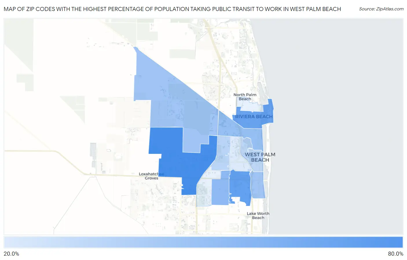 Zip Codes with the Highest Percentage of Population Taking Public Transit to Work in West Palm Beach Map