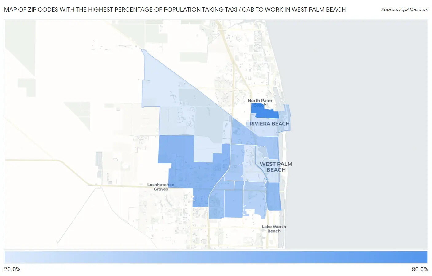 Zip Codes with the Highest Percentage of Population Taking Taxi / Cab to Work in West Palm Beach Map