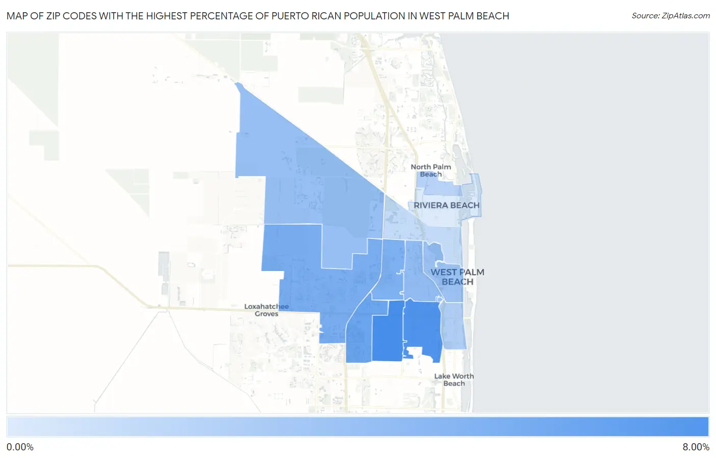 Zip Codes with the Highest Percentage of Puerto Rican Population in West Palm Beach Map