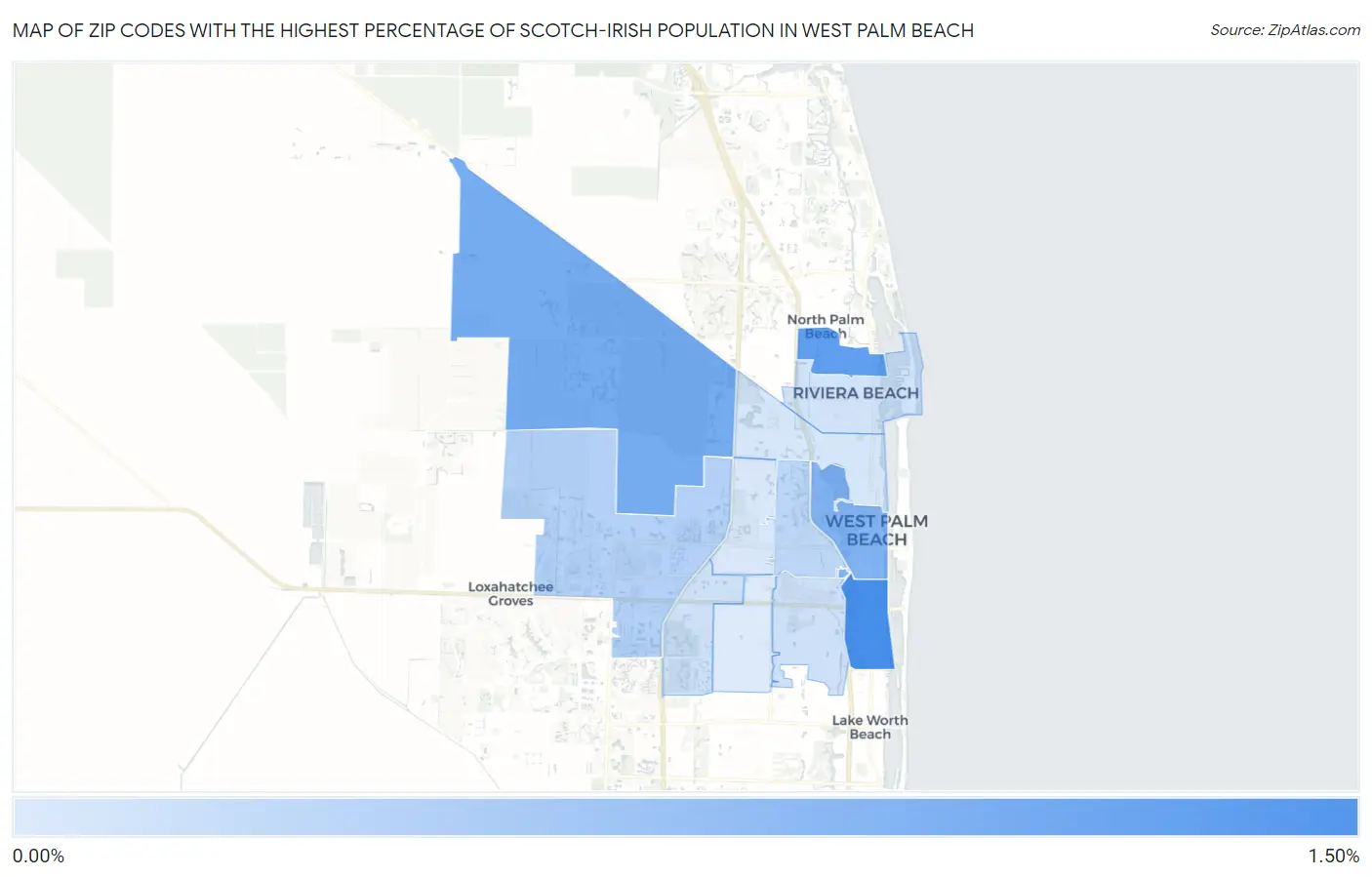 Zip Codes with the Highest Percentage of Scotch-Irish Population in West Palm Beach Map