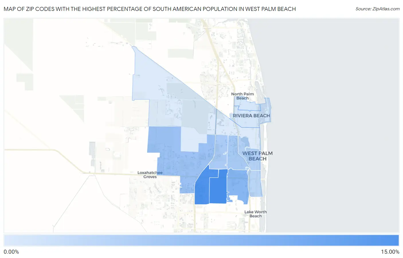 Zip Codes with the Highest Percentage of South American Population in West Palm Beach Map