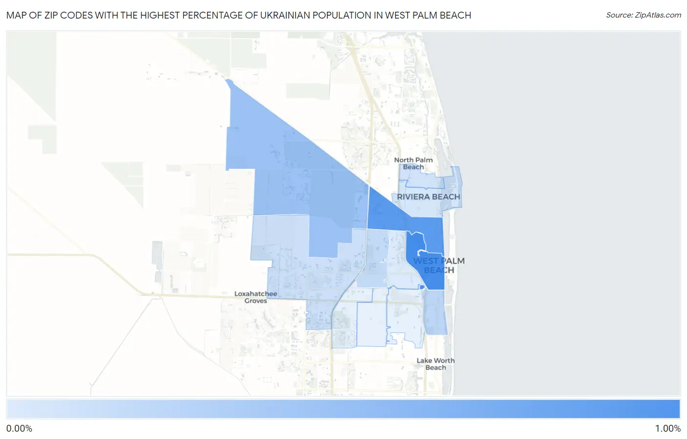 Zip Codes with the Highest Percentage of Ukrainian Population in West Palm Beach Map