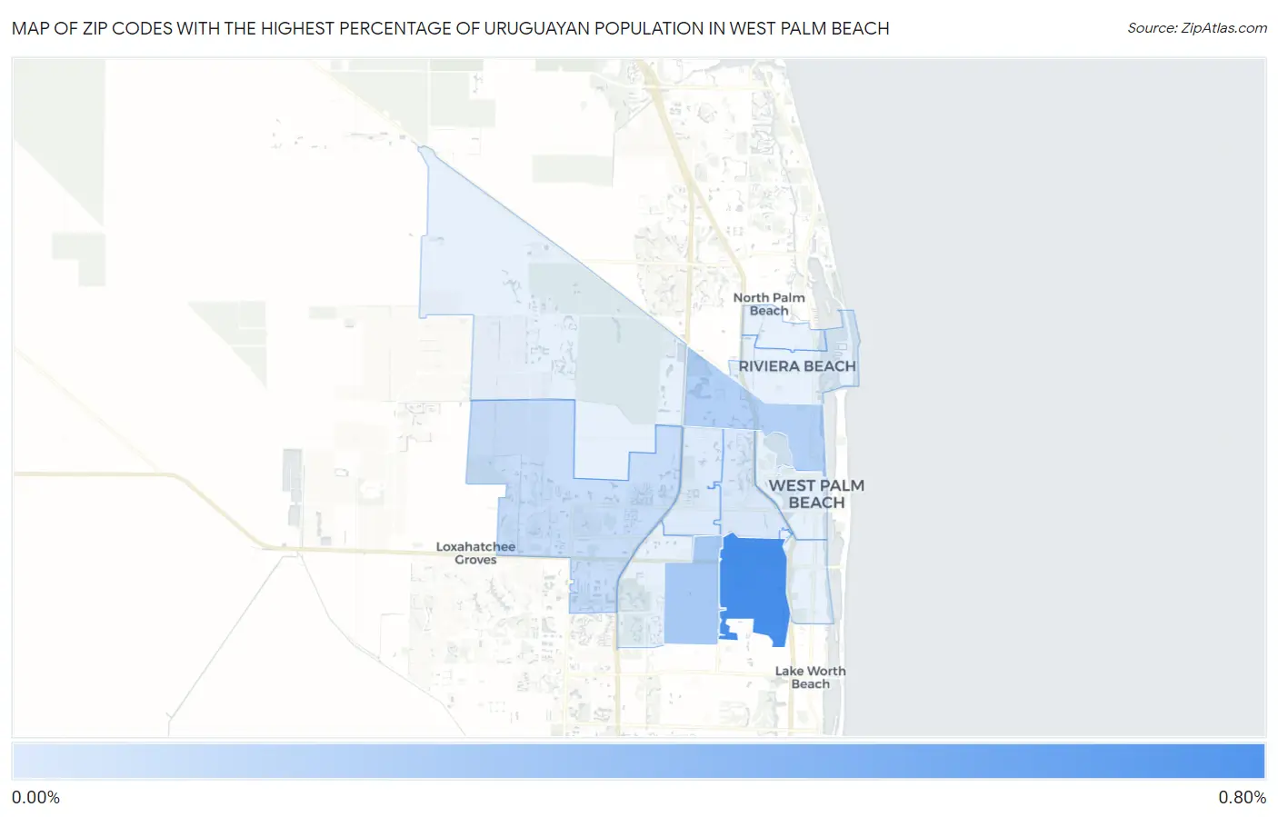 Zip Codes with the Highest Percentage of Uruguayan Population in West Palm Beach Map