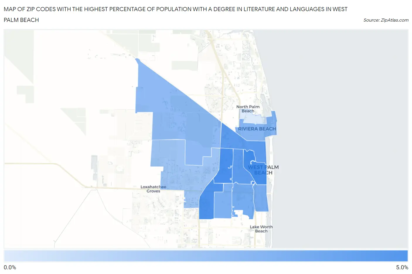 Zip Codes with the Highest Percentage of Population with a Degree in Literature and Languages in West Palm Beach Map