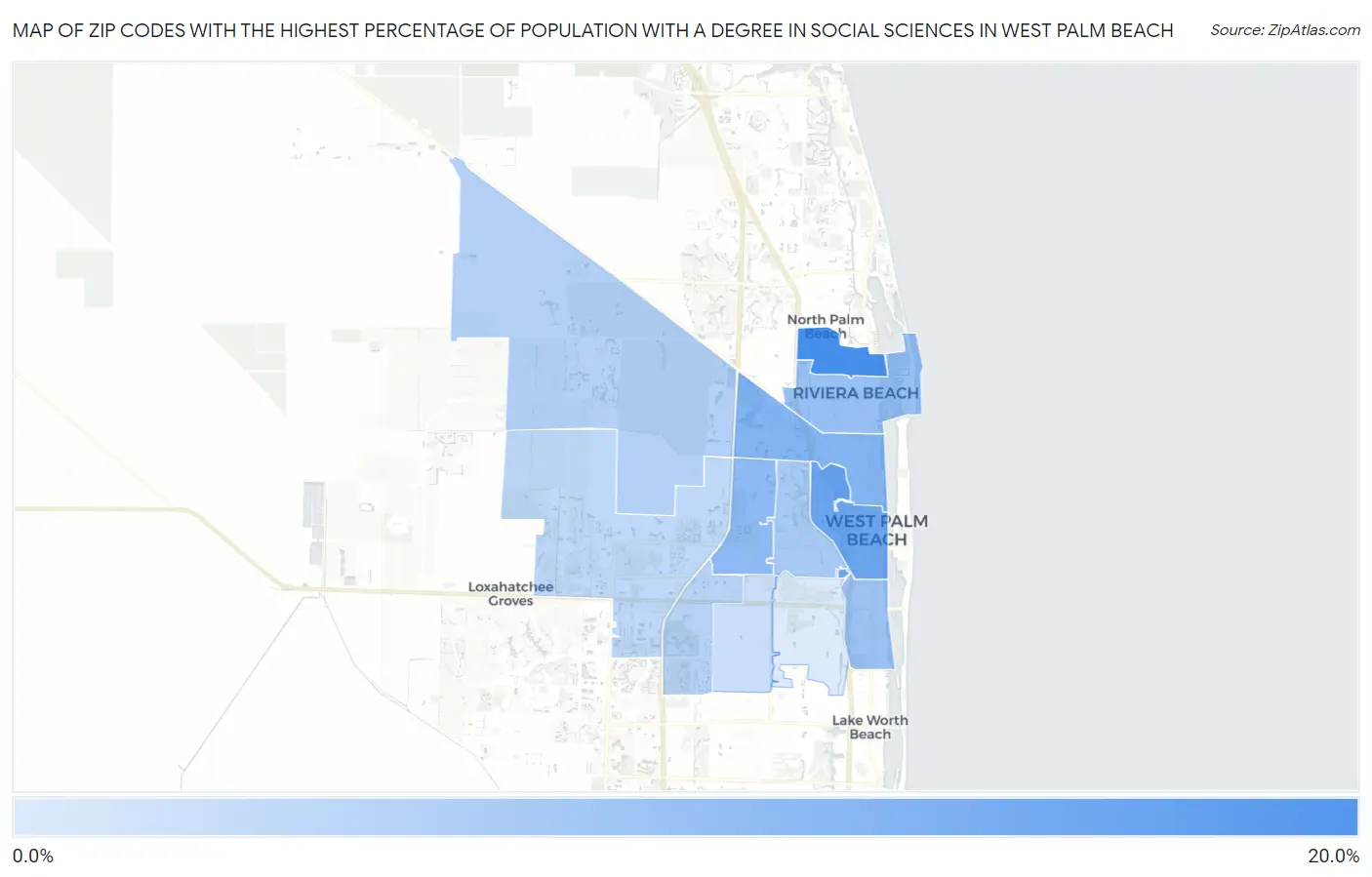 Zip Codes with the Highest Percentage of Population with a Degree in Social Sciences in West Palm Beach Map