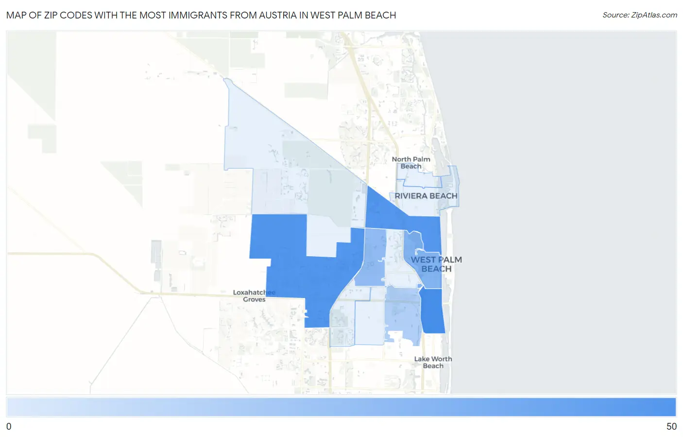 Zip Codes with the Most Immigrants from Austria in West Palm Beach Map