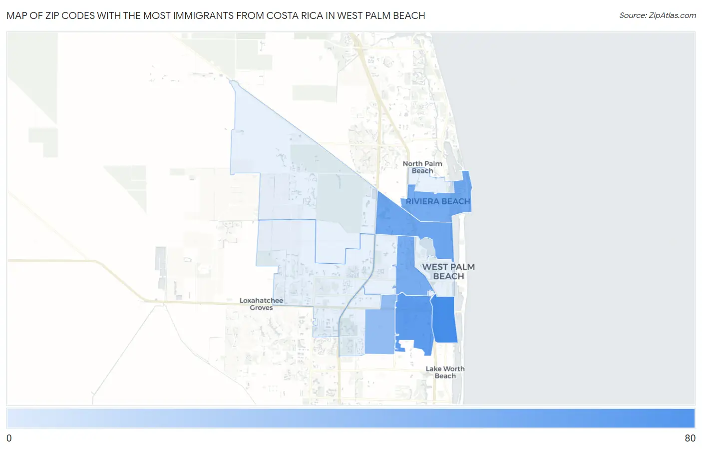 Zip Codes with the Most Immigrants from Costa Rica in West Palm Beach Map