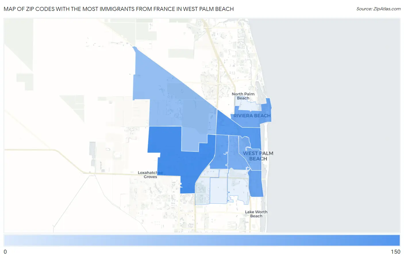 Zip Codes with the Most Immigrants from France in West Palm Beach Map