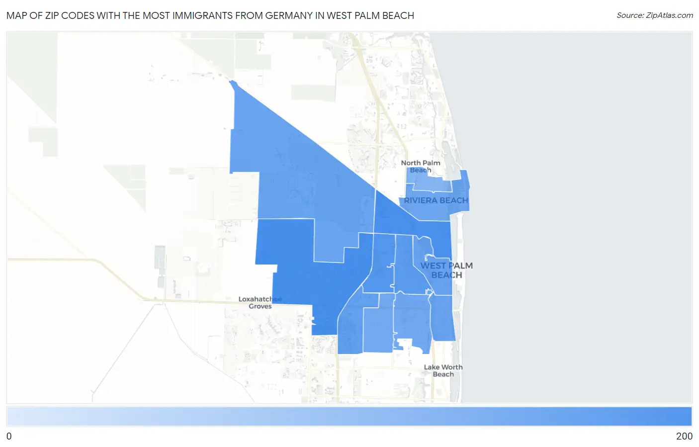 Zip Codes with the Most Immigrants from Germany in West Palm Beach Map