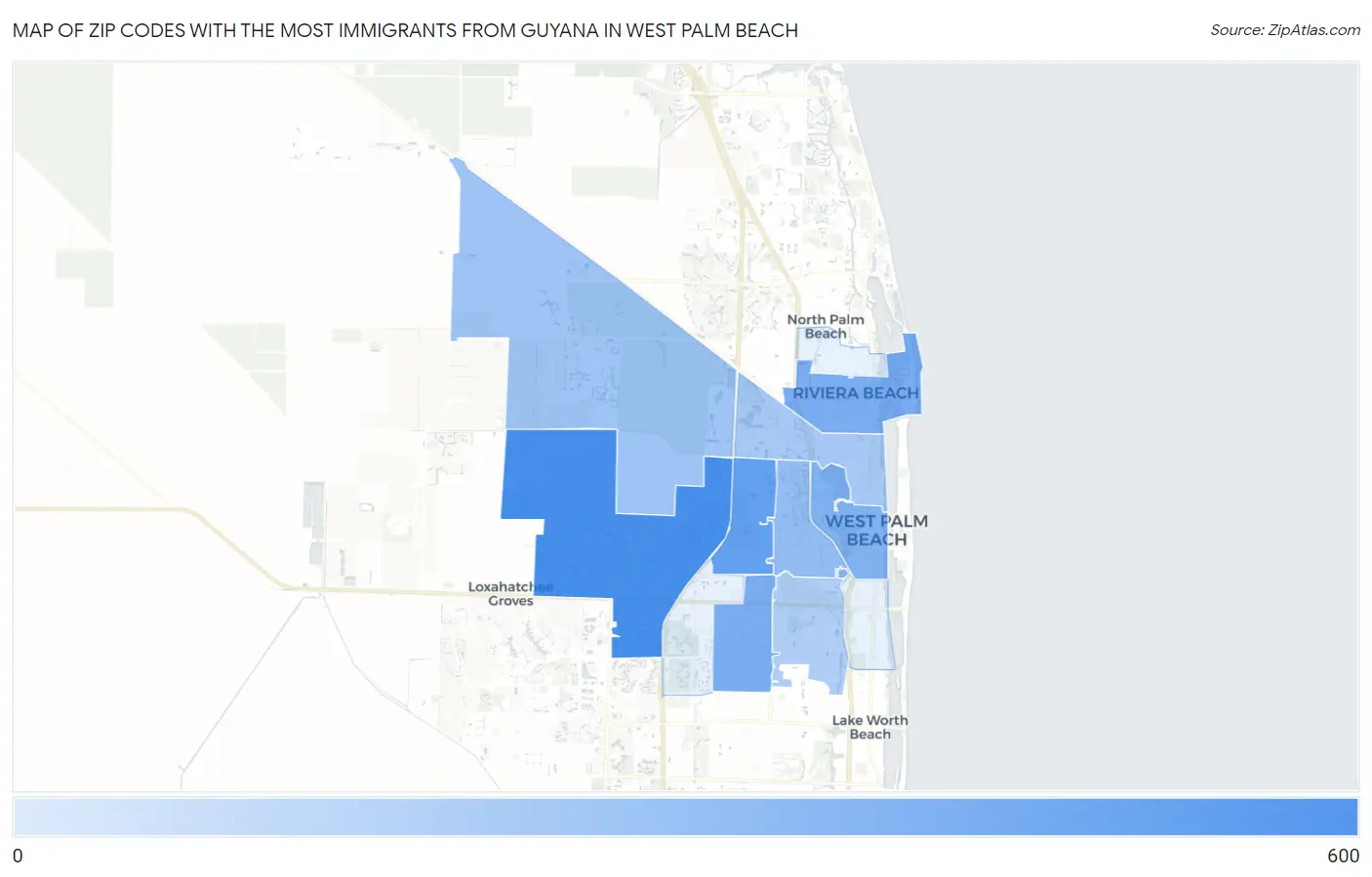 Zip Codes with the Most Immigrants from Guyana in West Palm Beach Map