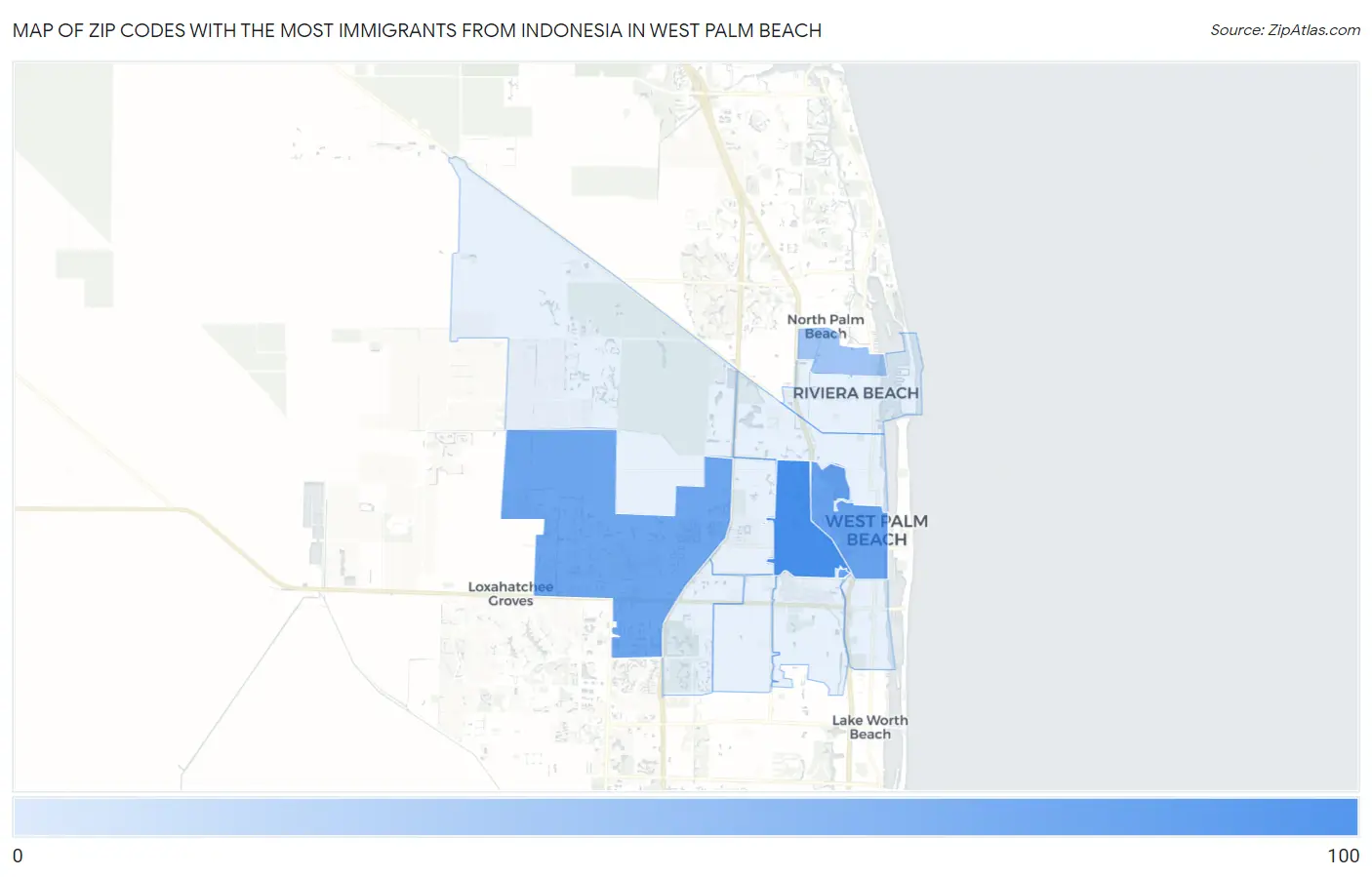 Zip Codes with the Most Immigrants from Indonesia in West Palm Beach Map