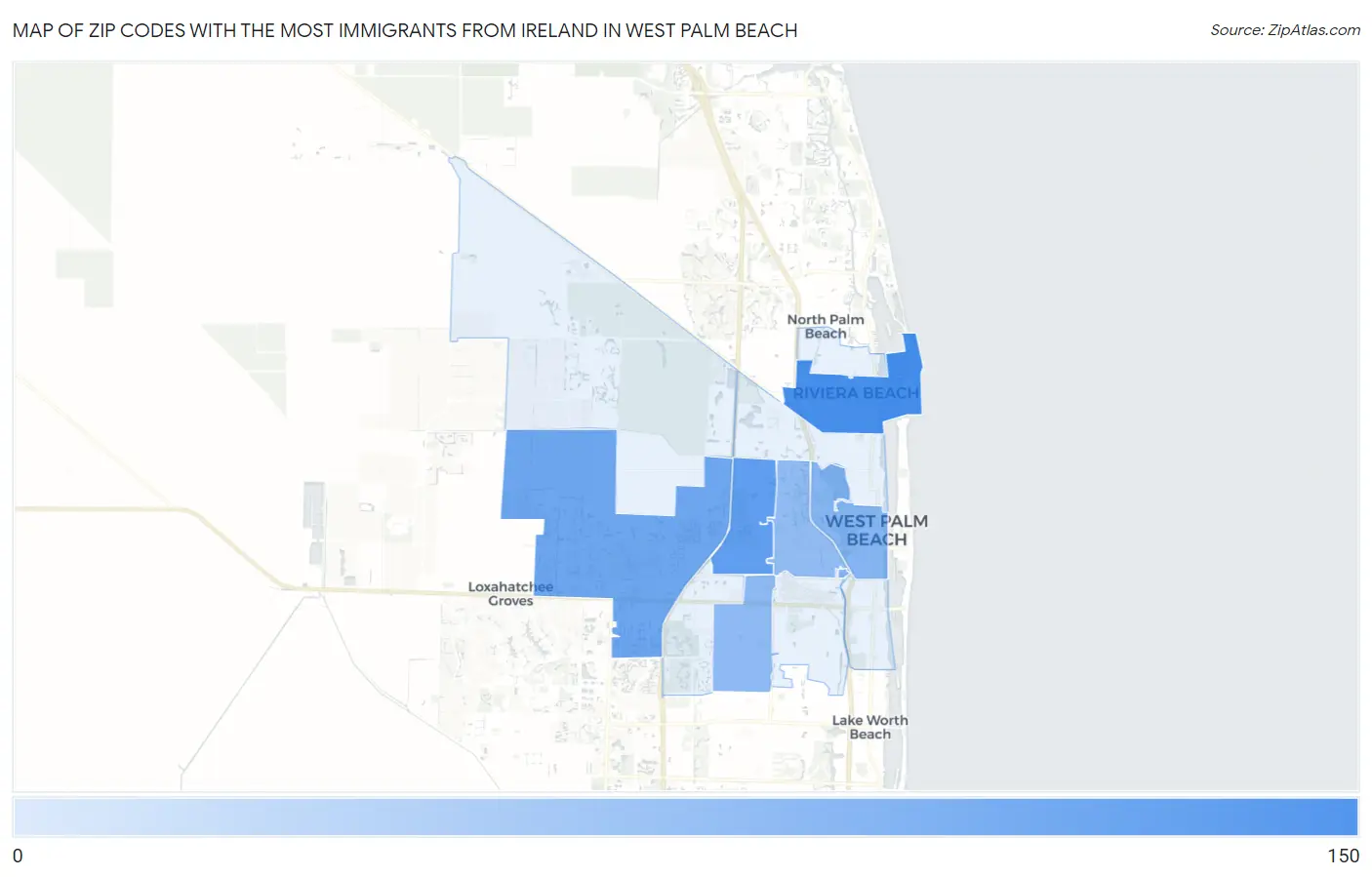 Zip Codes with the Most Immigrants from Ireland in West Palm Beach Map